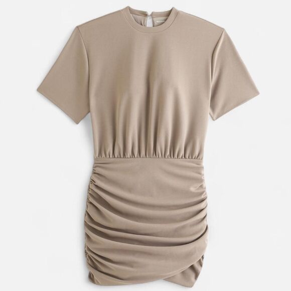 Abercrombie & Fitch Taupe Ruched Mini Dress – Bodycon Short Sleeve Neutral xs - Picture 8 of 8